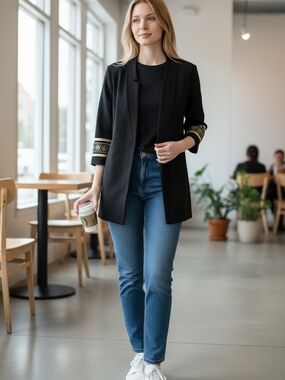 Chico's Black Embroidered Sleeve Open-Front Blazer SZ 3 Petite XLP